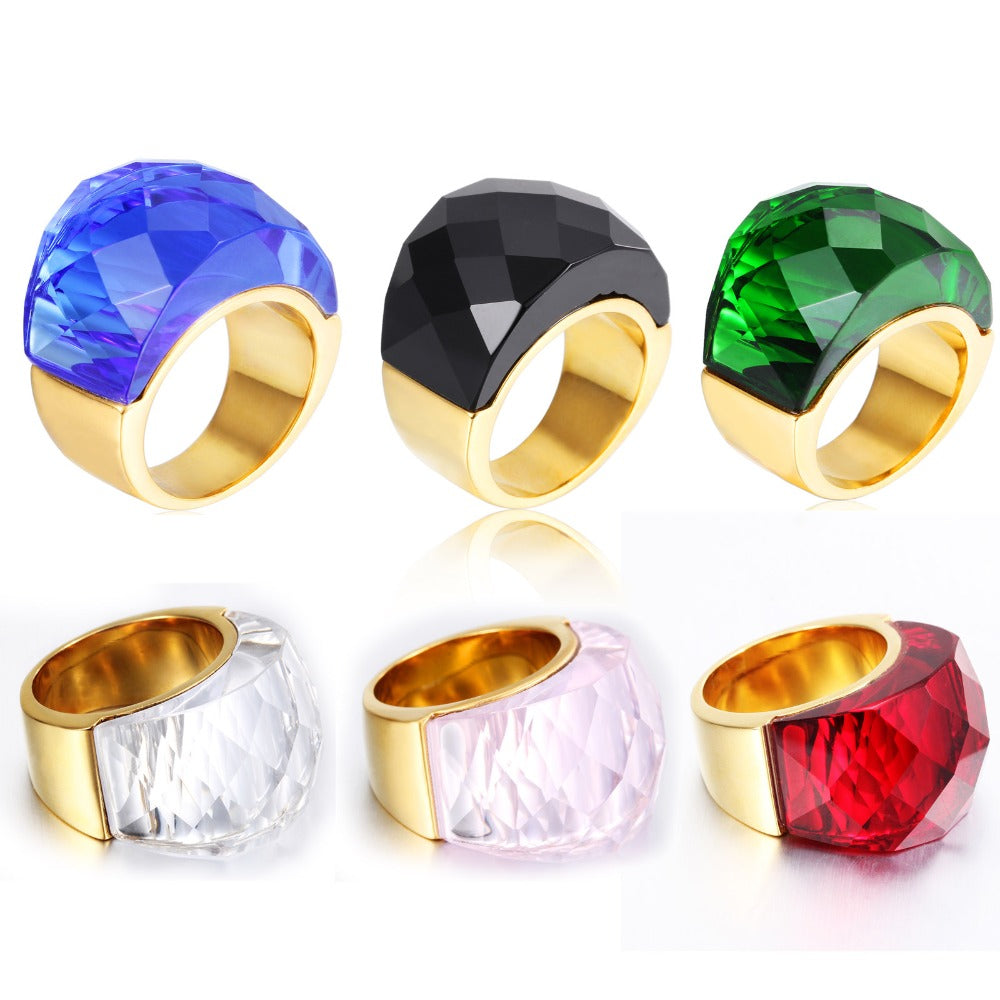 Large Stone Rings For Women Gold Silver Stainless Steel Crystal Jewelry Wedding Party Gift Multicolor USA Size
