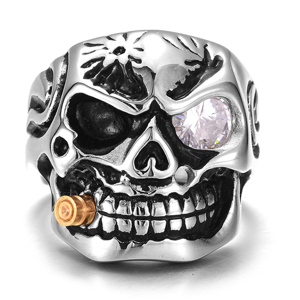 Large US Size Gothic Punk 2020 Smoking Skull Skeleton Men's Street Rings Rock Stainless Steel Hop Male Crystal Ring for Men