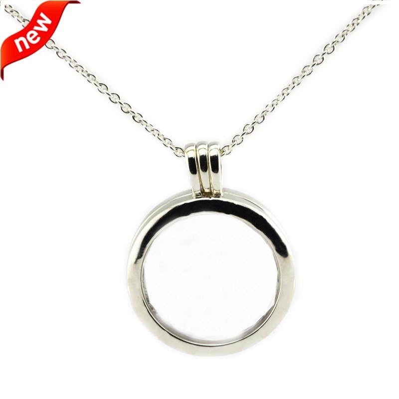 Large floating locket Necklace 100% 925 Sterling Silver Round Pendants Necklaces for Women Fit Petite Beads Diy RN028