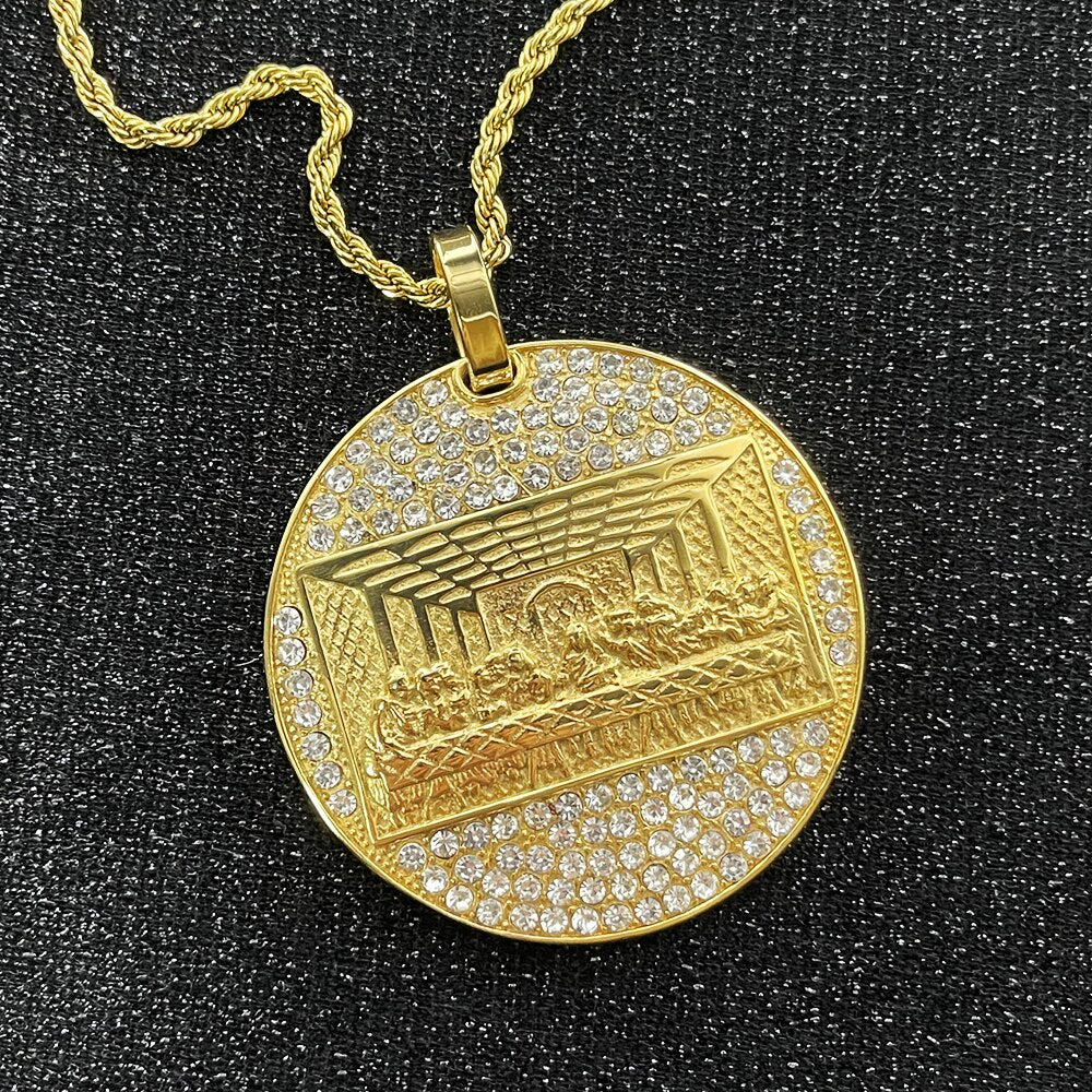 Last Supper Pendant Big Jesus Bling rhinestone Gold Color Charm Necklace For Men Father's Day Gift Hip Hop Jewelry