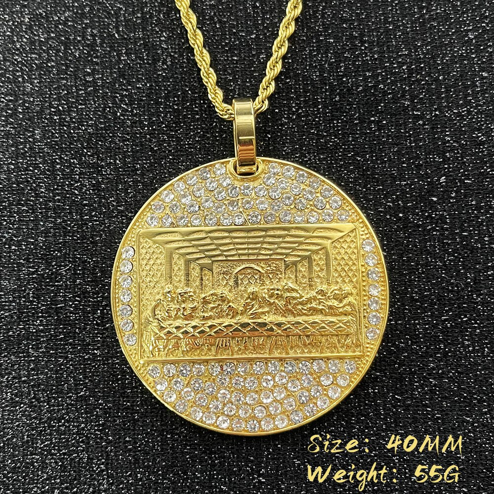 Last Supper Pendant Big Jesus Bling rhinestone Gold Color Charm Necklace For Men Father's Day Gift Hip Hop Jewelry