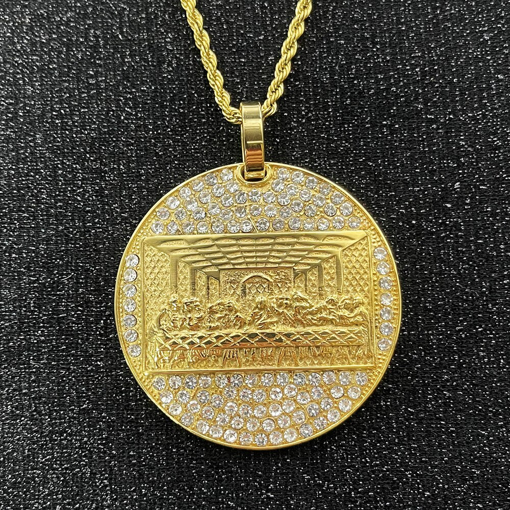 Last Supper Pendant Big Jesus Bling rhinestone Gold Color Charm Necklace For Men Father's Day Gift Hip Hop Jewelry