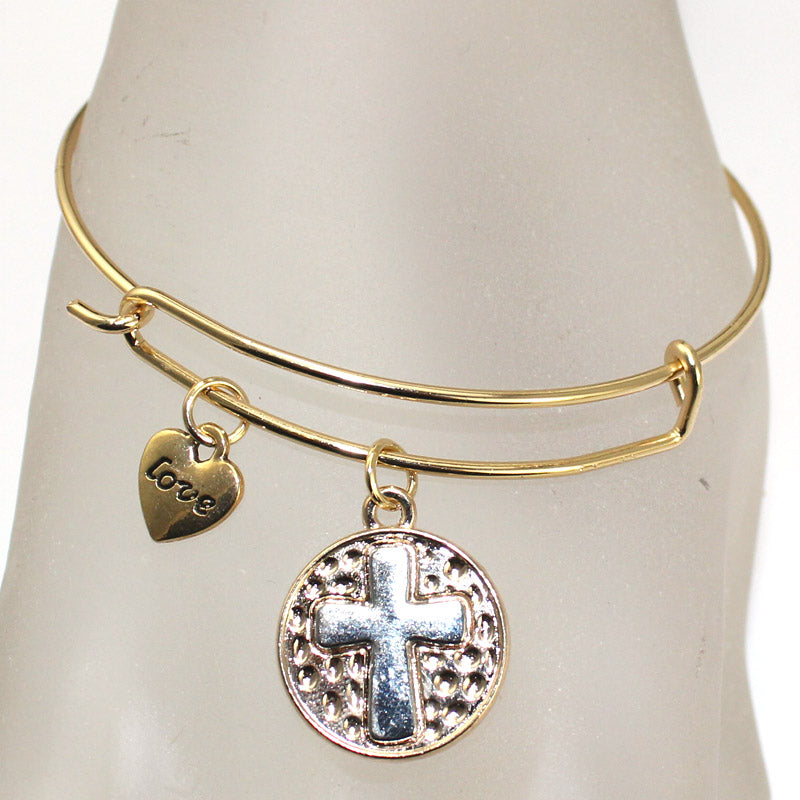Latin Cross Pendant Love Heart Bracelet Adjustable Expandable Wire Bangles For Women Gold/Silver/Rose Gold Charm Jewelry Gifts
