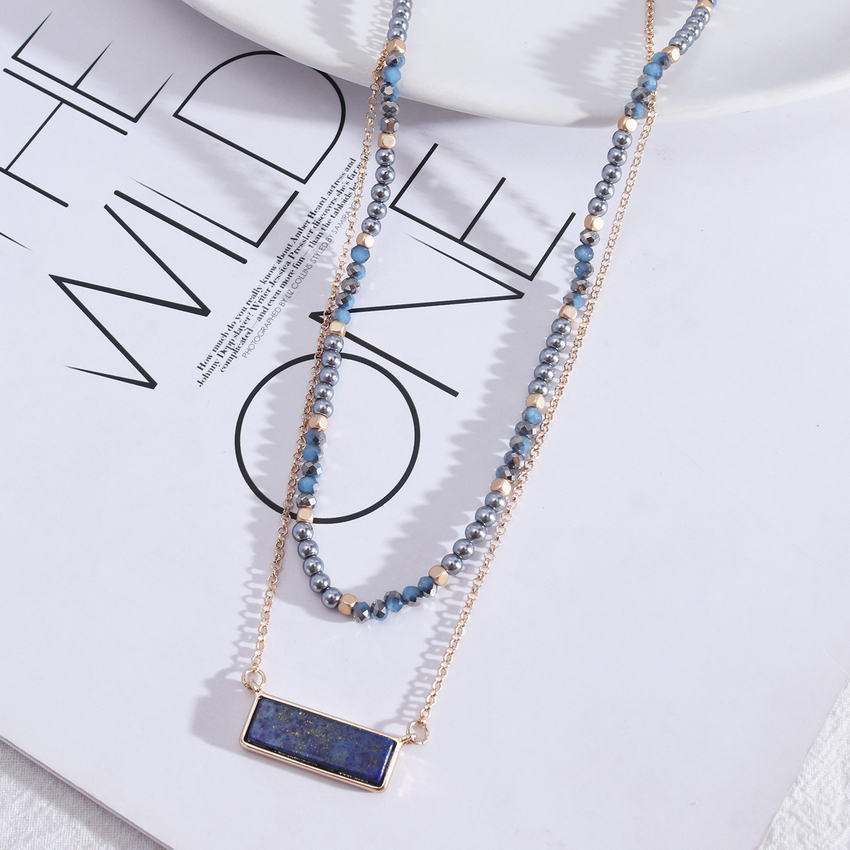 Layered Horizon Lapis Lazuli Stone Bar Pendant Necklace 2022 Gold Color Cube Beads Pearl Glass Beaded Chain Necklace