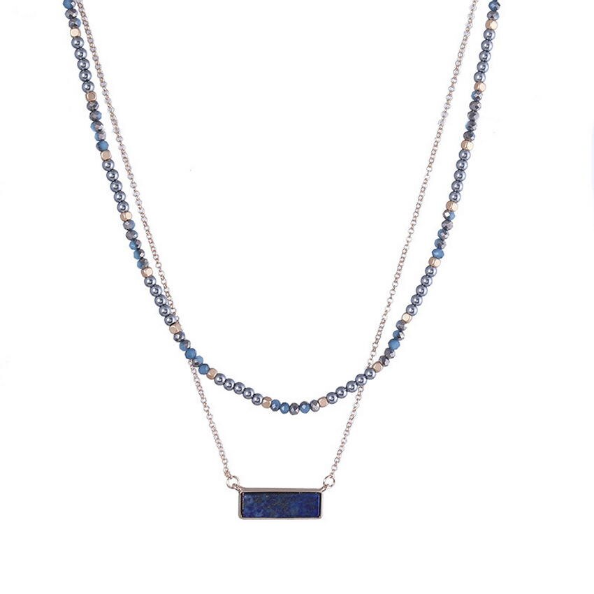 Layered Horizon Lapis Lazuli Stone Bar Pendant Necklace 2022 Gold Color Cube Beads Pearl Glass Beaded Chain Necklace