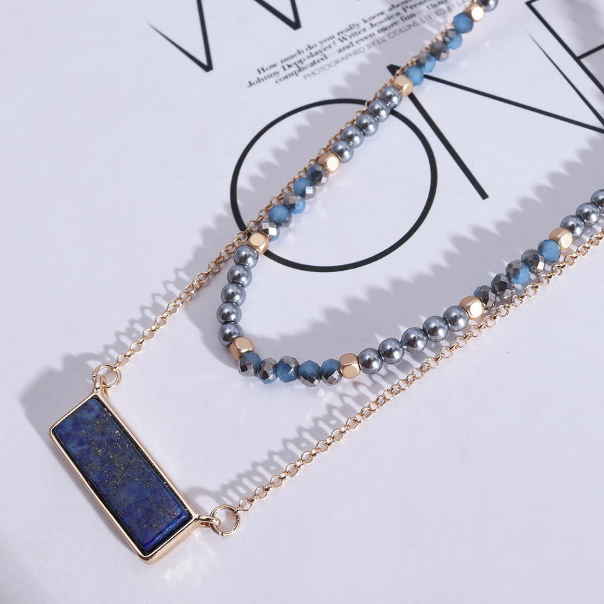 Layered Horizon Lapis Lazuli Stone Bar Pendant Necklace 2022 Gold Color Cube Beads Pearl Glass Beaded Chain Necklace