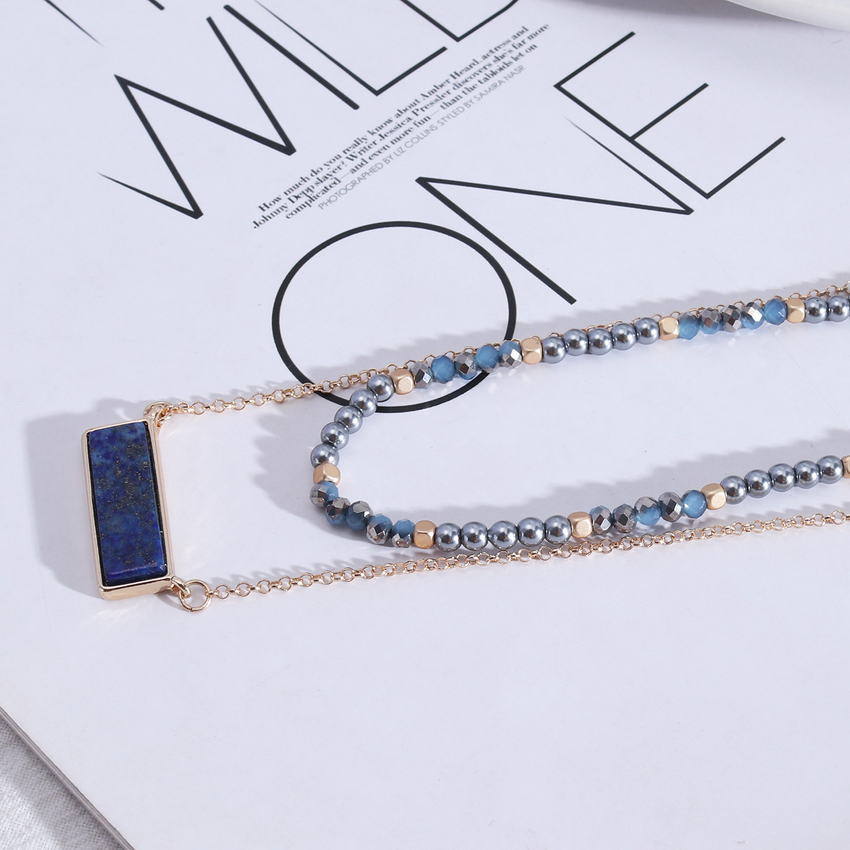 Layered Horizon Lapis Lazuli Stone Bar Pendant Necklace 2022 Gold Color Cube Beads Pearl Glass Beaded Chain Necklace