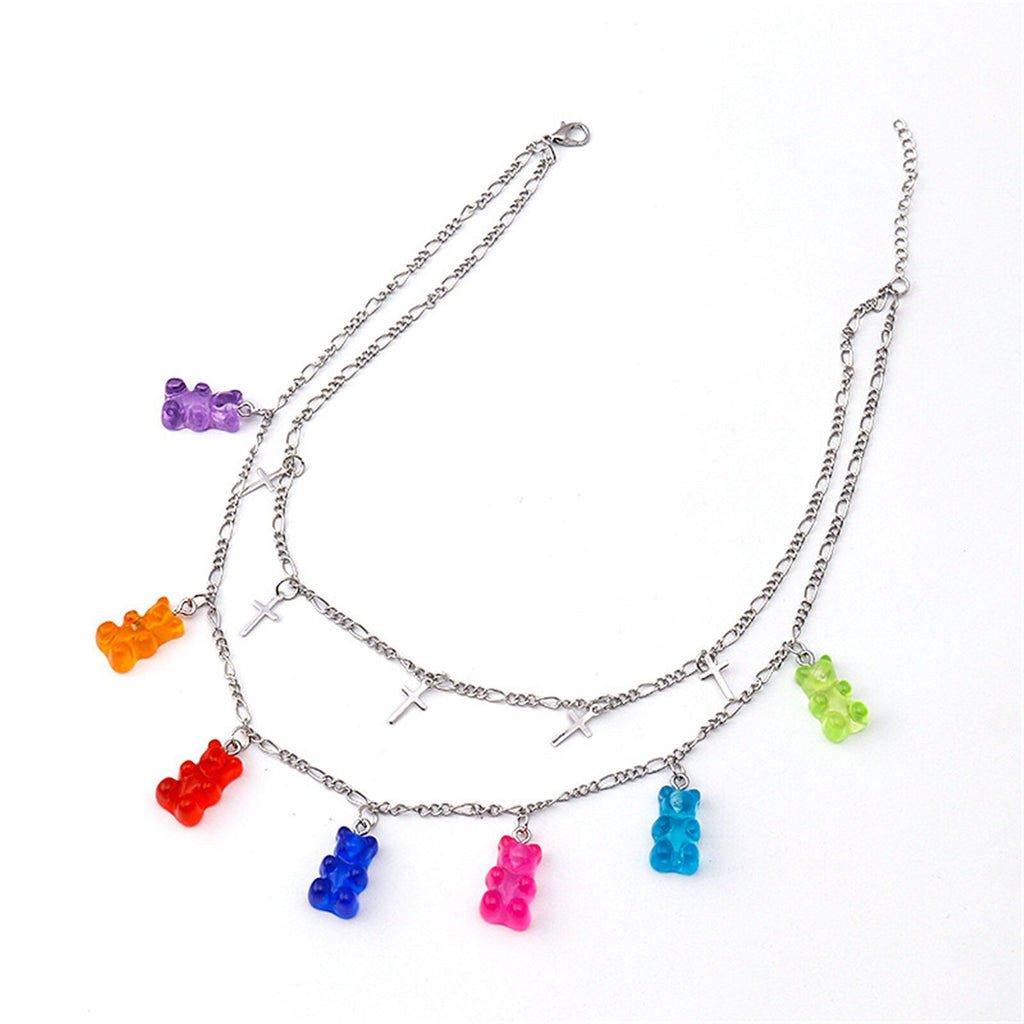 Layered Punk Resin Gummy Cartoon Bear Link Chain Pendant Choker Necklace Colorful Rock Animal Necklace for Women Girl Jewelry