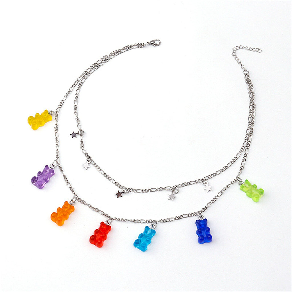 Layered Punk Resin Gummy Cartoon Bear Link Chain Pendant Choker Necklace Colorful Rock Animal Necklace for Women Girl Jewelry