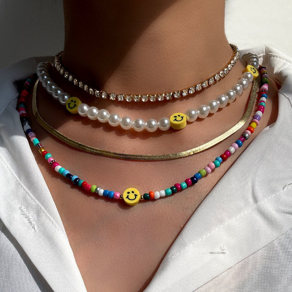Layered Smiley Pearl Beaded Neckalce Rainbow Color Acrylic Beads Rhinestone Choker Gold Snake Chain  Bohemian Necklaces Set 2021