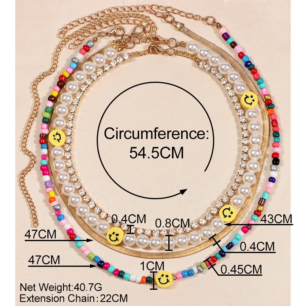 Layered Smiley Pearl Beaded Neckalce Rainbow Color Acrylic Beads Rhinestone Choker Gold Snake Chain  Bohemian Necklaces Set 2021