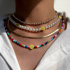 Layered Smiley Pearl Beaded Neckalce Rainbow Color Acrylic Beads Rhinestone Choker Gold Snake Chain  Bohemian Necklaces Set 2021