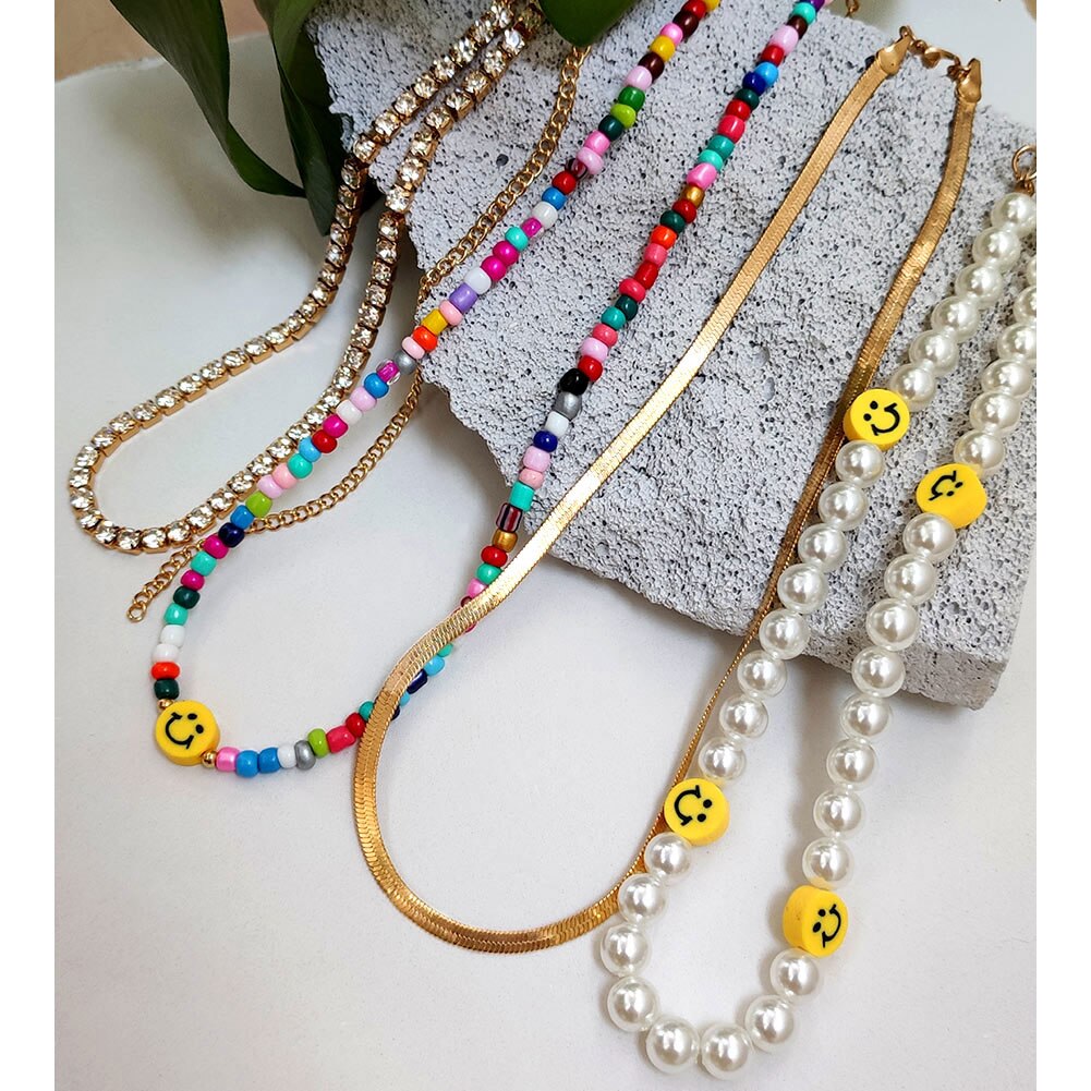 Layered Smiley Pearl Beaded Neckalce Rainbow Color Acrylic Beads Rhinestone Choker Gold Snake Chain  Bohemian Necklaces Set 2021