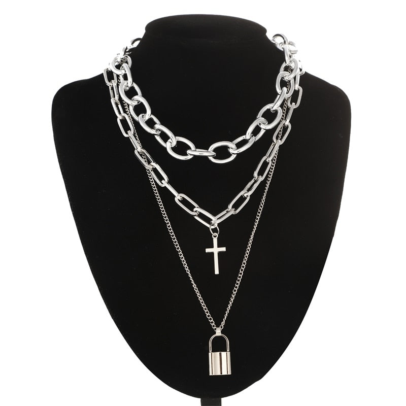 Layered grunge aesthetic jewelry vintage  punk chain necklace for women men lock cross pendant  choker  chains goth accessory
