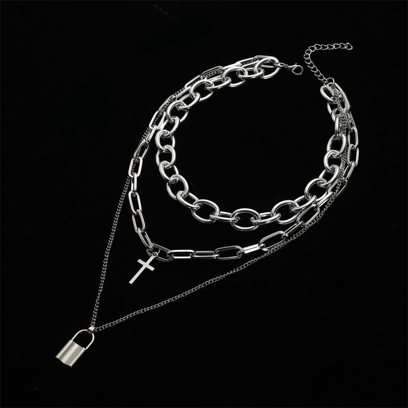 Layered grunge aesthetic jewelry vintage  punk chain necklace for women men lock cross pendant  choker  chains goth accessory