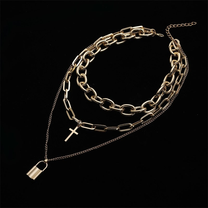 Layered grunge aesthetic jewelry vintage  punk chain necklace for women men lock cross pendant  choker  chains goth accessory