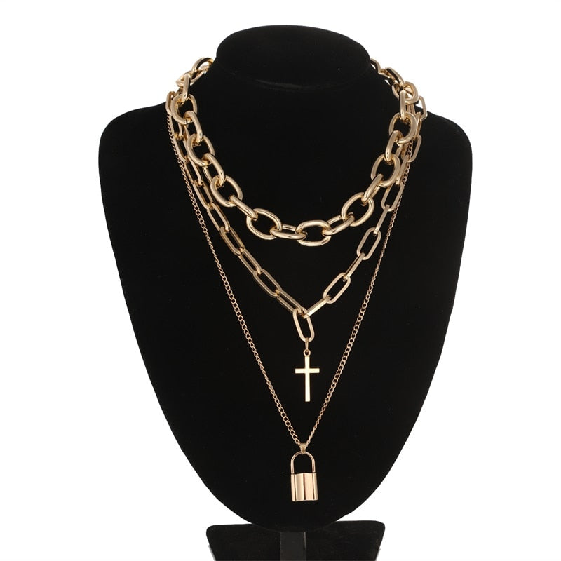 Layered grunge aesthetic jewelry vintage  punk chain necklace for women men lock cross pendant  choker  chains goth accessory