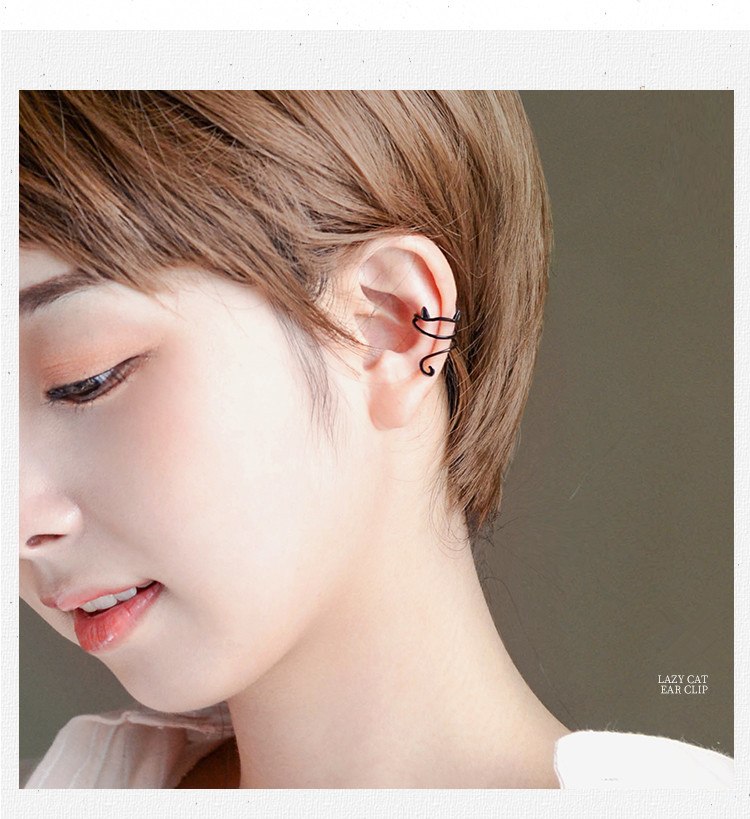Lazy Cat Bone Ear Clip No Pierced Ears Original Design Sterling Silver S925 Fine Jewelry Anti allergy Black Gold-Color Earrings