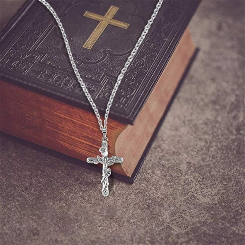 Leaf Jesus Cross Rose Necklace naszyjnik for Women Bijoux Femme kpop цепь на шею Classic Vintage чокер jewellery
