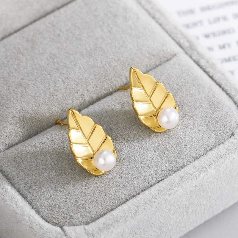 Leaf Pearl Stud Earrings For Women Girls Gold Color Boho Earings Jewerly Christmas Gift 2023 Trend boucle oreille femme