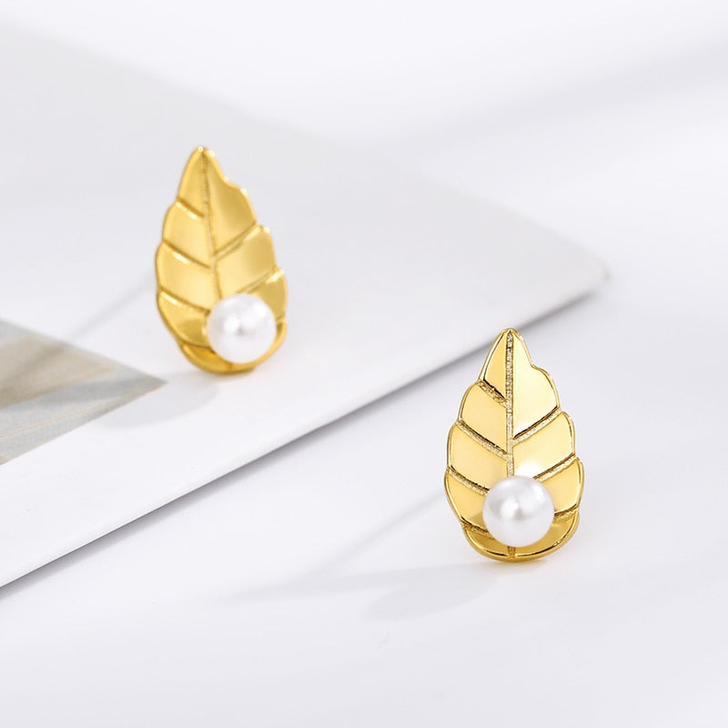 Leaf Pearl Stud Earrings For Women Girls Gold Color Boho Earings Jewerly Christmas Gift 2023 Trend boucle oreille femme