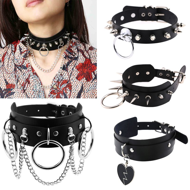 Leather Choker Collar For Women Goth Punk Choker Chain Silver Color Collar Sexy Chocker Rivet Chain Necklace Festival Jewelry