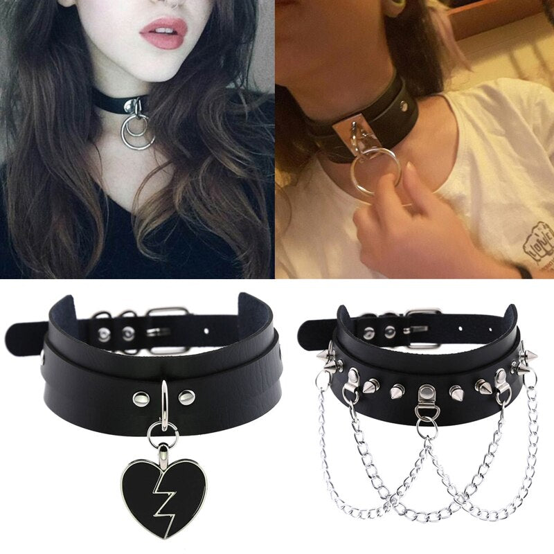 Leather Choker Collar For Women Goth Punk Choker Chain Silver Color Collar Sexy Chocker Rivet Chain Necklace Festival Jewelry