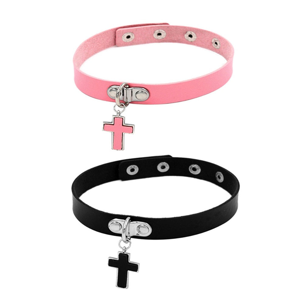 Leather Cross Choker Necklace Chunky Necklace Rock Sexy Cool Punk Goth Gothic Collar Steampunk Necklace Chokers for Women Men