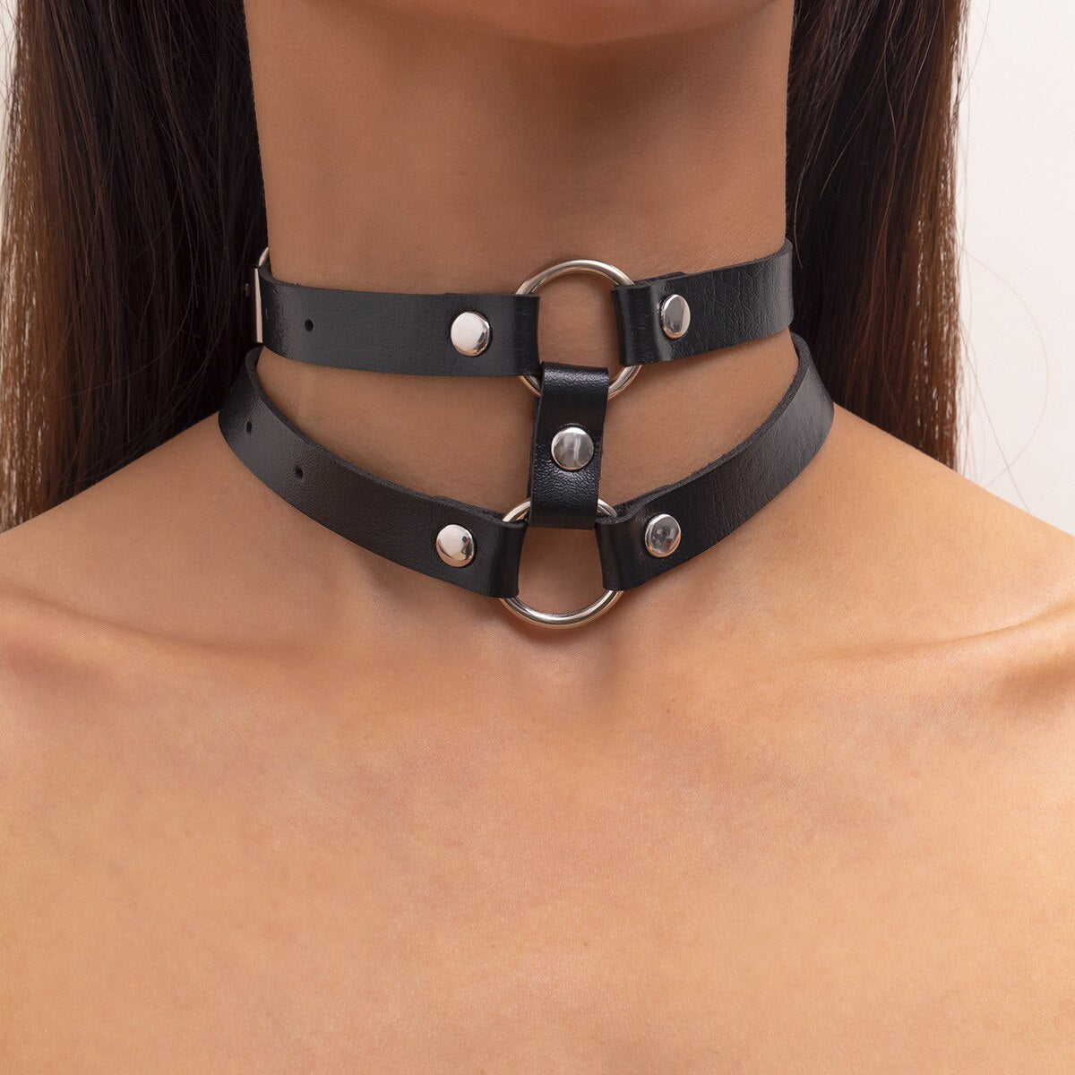 Leather Double Stitching Neckband Necklace Geometric Dark Wind Necklace Punk Girl Cold And Sexy Pu Metal Necklace