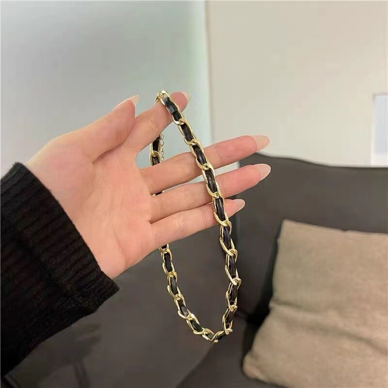Leather Necklace For Women 2021 Trendy Hip-Hop Light  Niche Design Metal Personality Clavicle Chain Weave Accessories