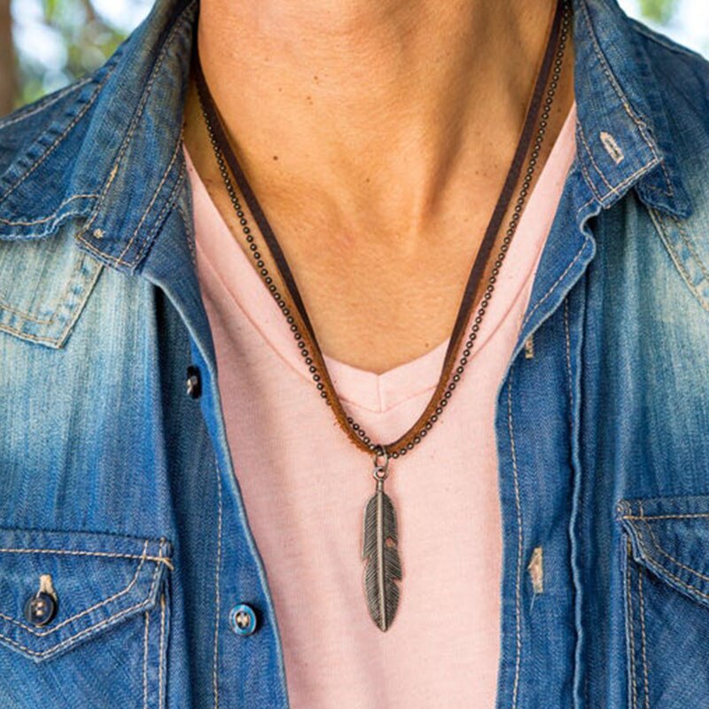 Leather Necklace Men's Necklaces  Boho Necklace  Men's Leather Necklace Feather Necklace