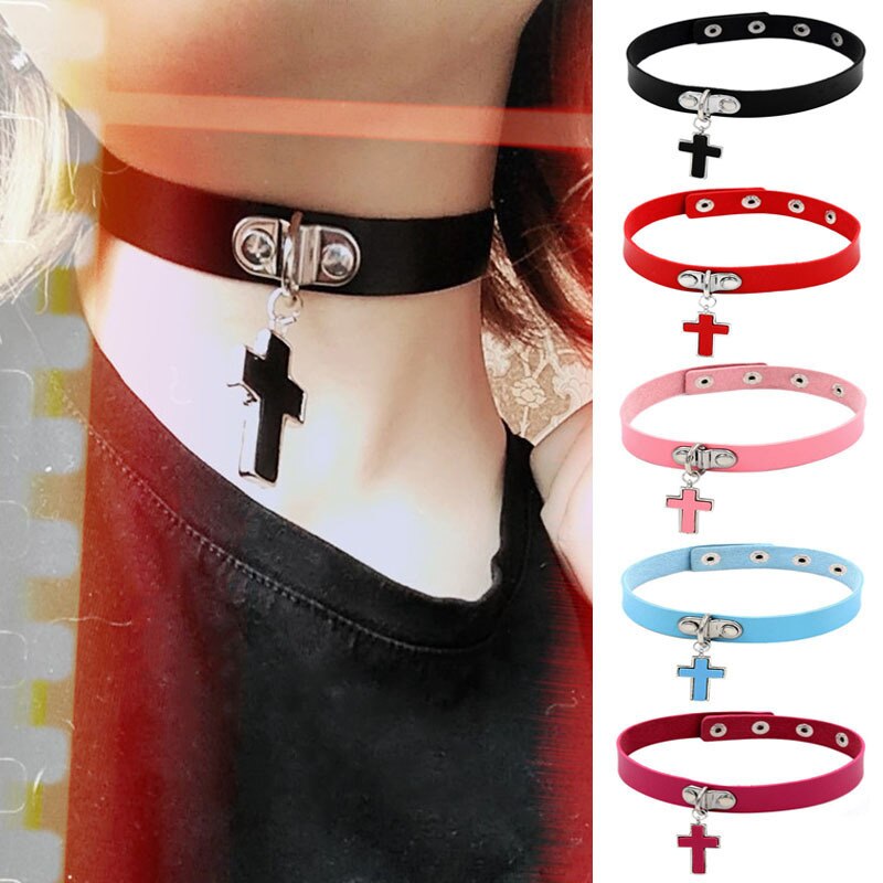Leather Sexy Collar Cross Pendant Necklaces for Women Harajuku Goth Choker Necklace Short Clavicle Chain Gothic Jewelry