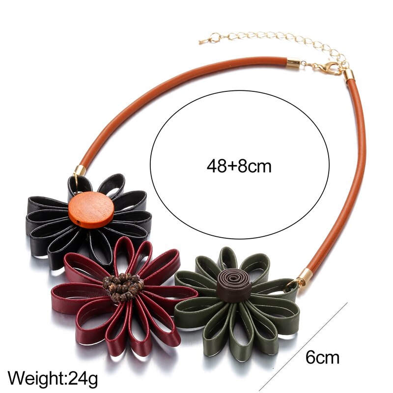 Leather Sun Flower Big Necklace for Women Hand Made Statement Necklace Pendant Vintage Ethnic Jewelry for Gift Party MX110