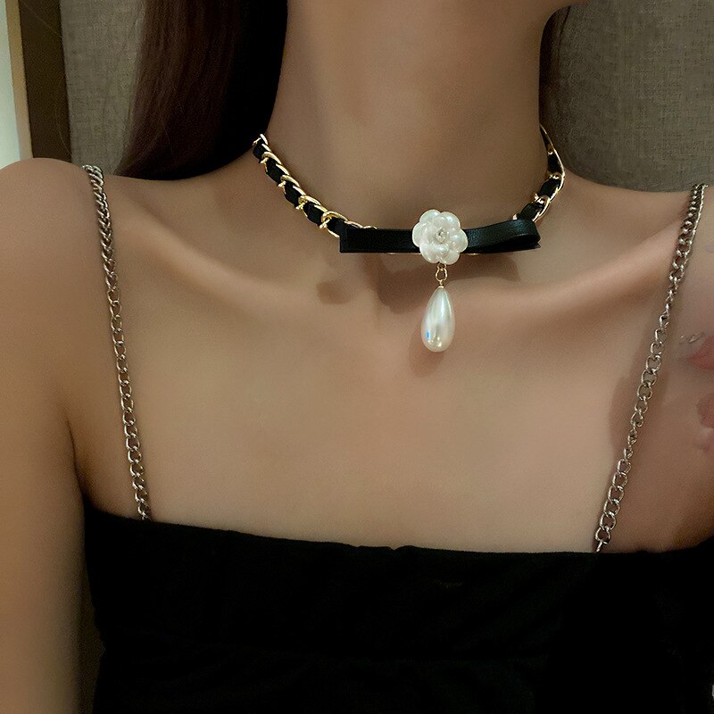 Leather chain pearl flower necklace metal personality temperament necklace retro personality tide necklace for women
