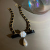 Leather chain pearl flower necklace metal personality temperament necklace retro personality tide necklace for women