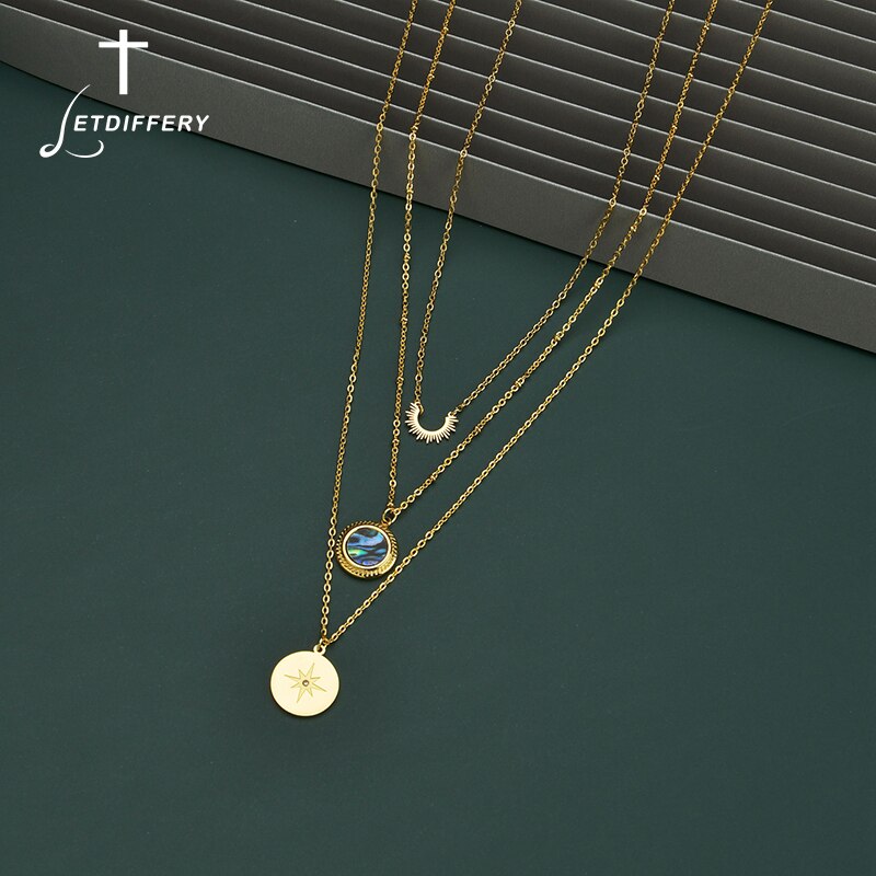 Letdiffery Multi Layer Colorful Shell Stainless Steel Necklace Sun Compass Pendant Gold Color Jewelry Gifts for Woman