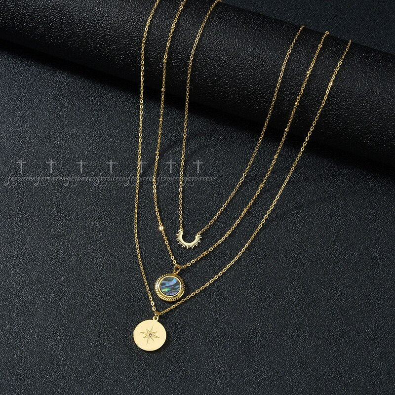 Letdiffery Multi Layer Colorful Shell Stainless Steel Necklace Sun Compass Pendant Gold Color Jewelry Gifts for Woman