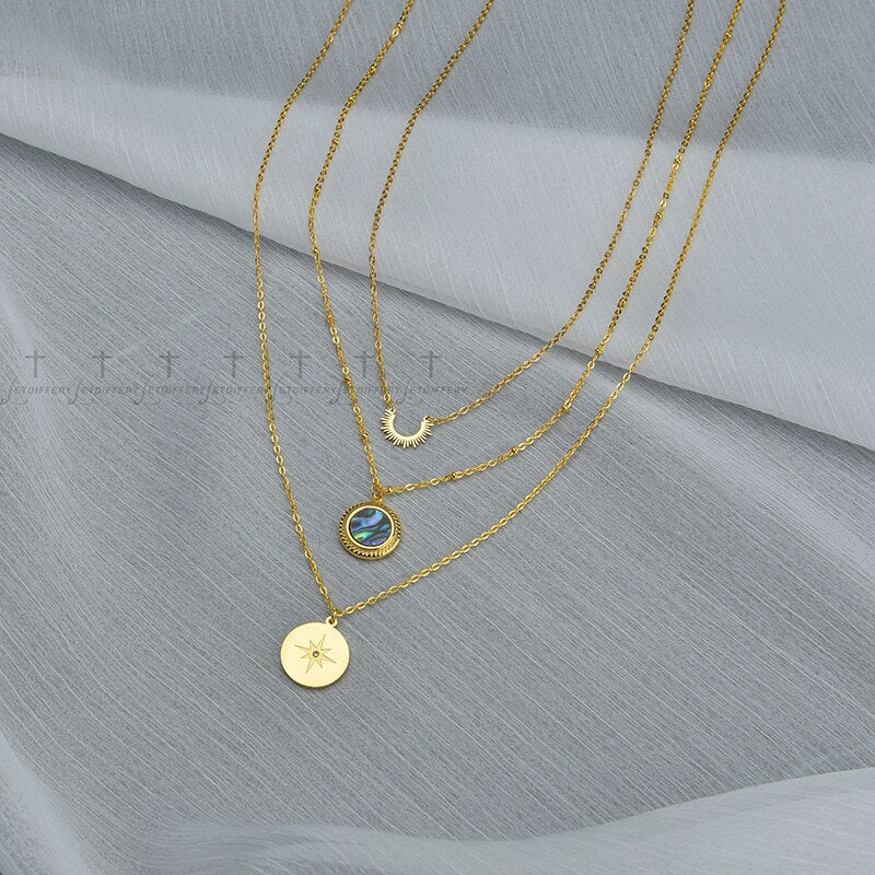 Letdiffery Multi Layer Colorful Shell Stainless Steel Necklace Sun Compass Pendant Gold Color Jewelry Gifts for Woman