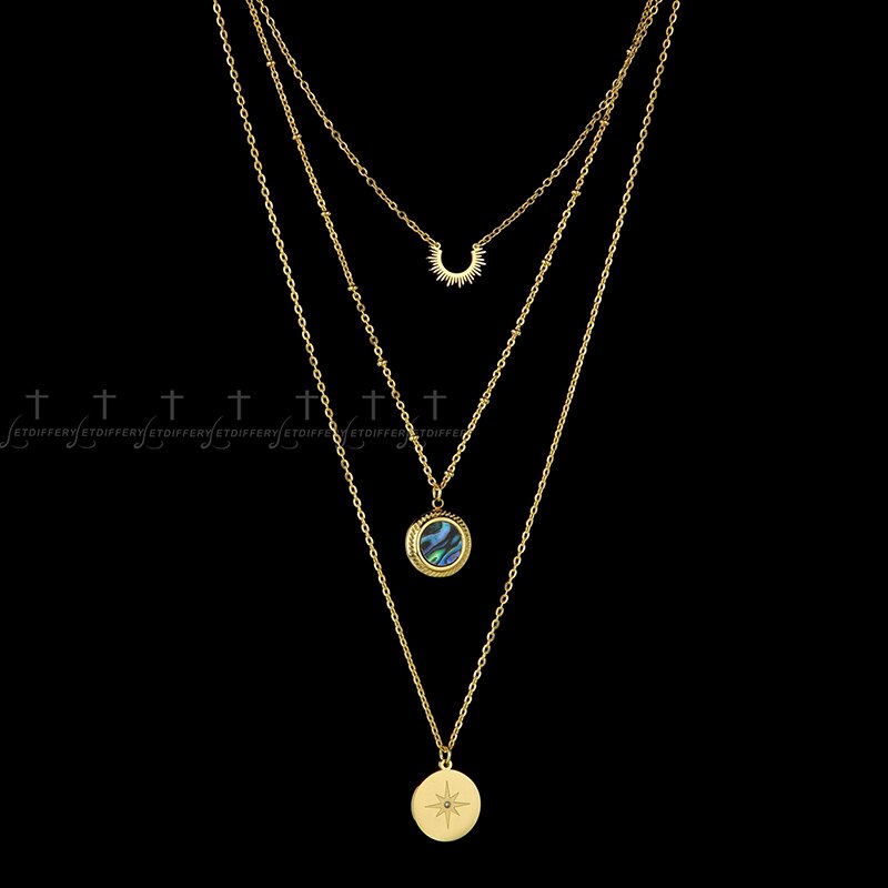 Letdiffery Multi Layer Colorful Shell Stainless Steel Necklace Sun Compass Pendant Gold Color Jewelry Gifts for Woman