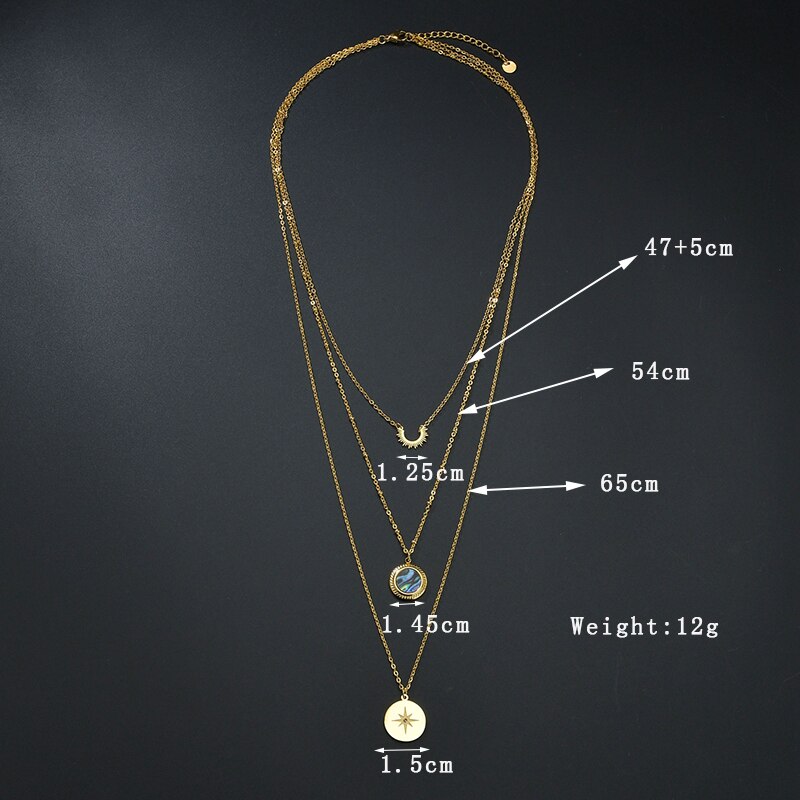 Letdiffery Multi Layer Colorful Shell Stainless Steel Necklace Sun Compass Pendant Gold Color Jewelry Gifts for Woman