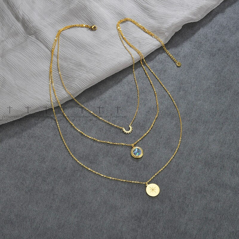 Letdiffery Multi Layer Colorful Shell Stainless Steel Necklace Sun Compass Pendant Gold Color Jewelry Gifts for Woman