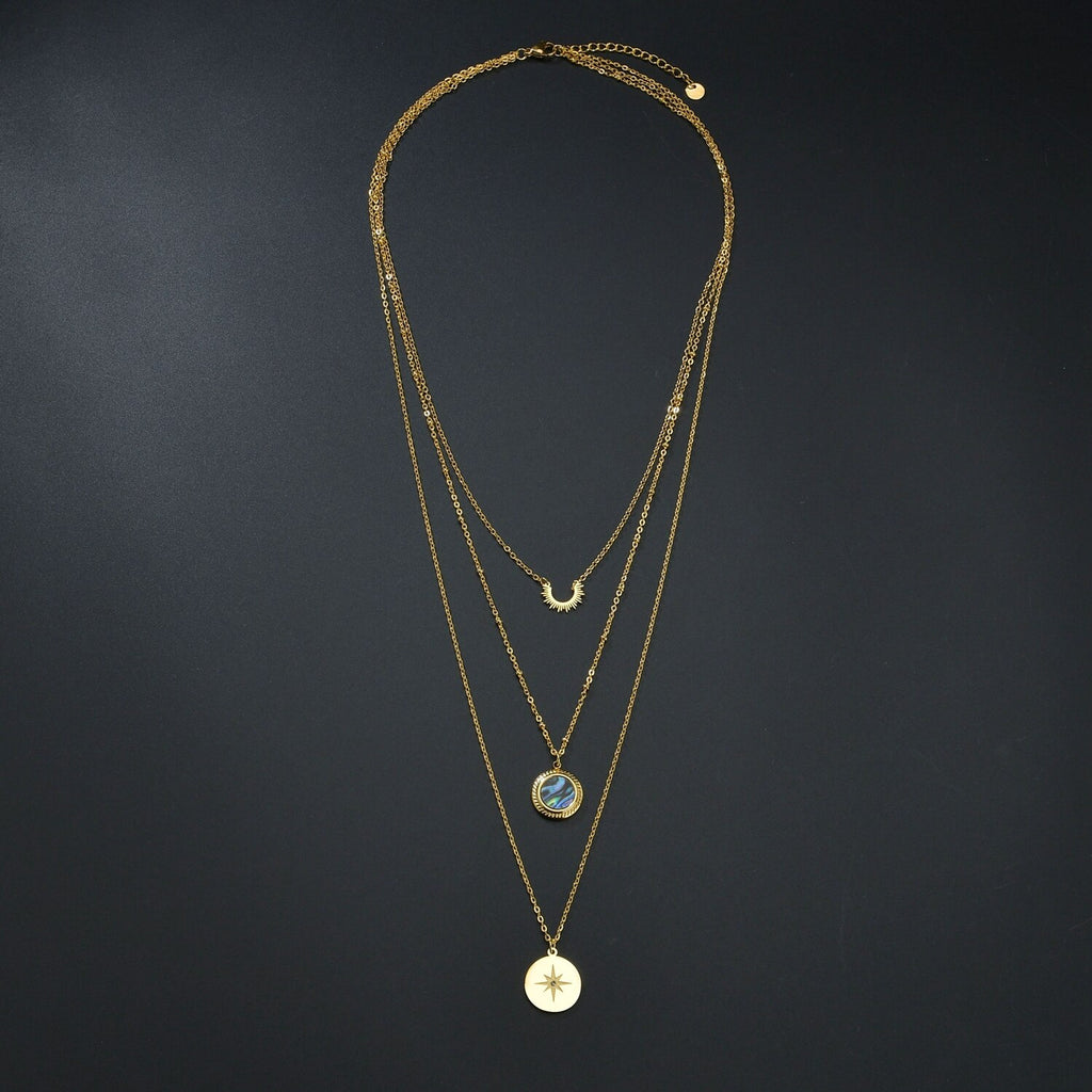 Letdiffery Multi Layer Colorful Shell Stainless Steel Necklace Sun Compass Pendant Gold Color Jewelry Gifts for Woman