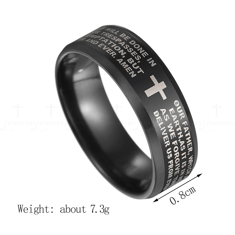 Letdiffery Stainless Steel Black Color Jesus Cross Ring Letter Bible Prayer Finger Rings For Men 8mm Amulet Jewelry