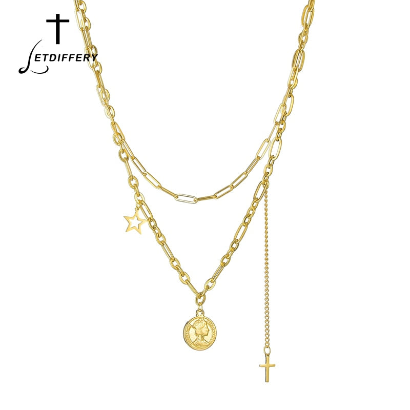 Letdiffery Vintage Multi-layer Queen Coin Choker Golden Stainless Steel Stars Cross Charms Chain Necklace 2021 Jewelry