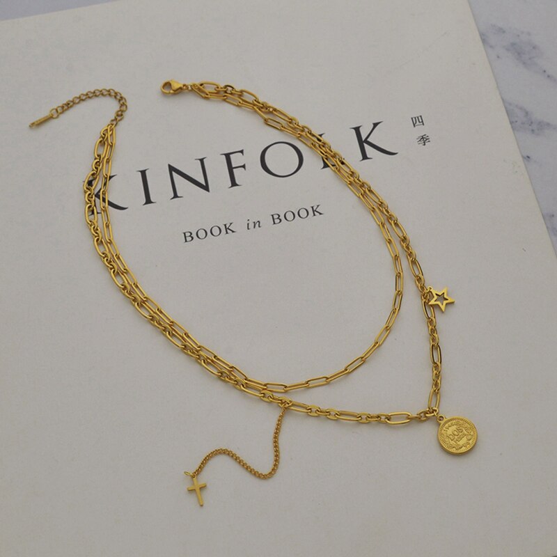 Letdiffery Vintage Multi-layer Queen Coin Choker Golden Stainless Steel Stars Cross Charms Chain Necklace 2021 Jewelry