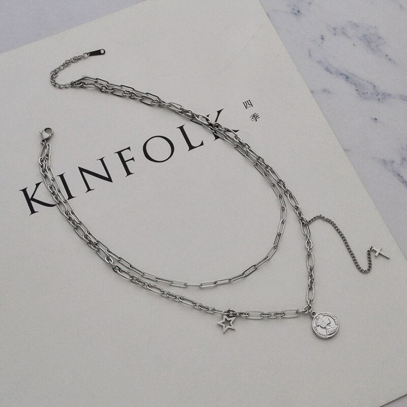 Letdiffery Vintage Multi-layer Queen Coin Choker Golden Stainless Steel Stars Cross Charms Chain Necklace 2021 Jewelry