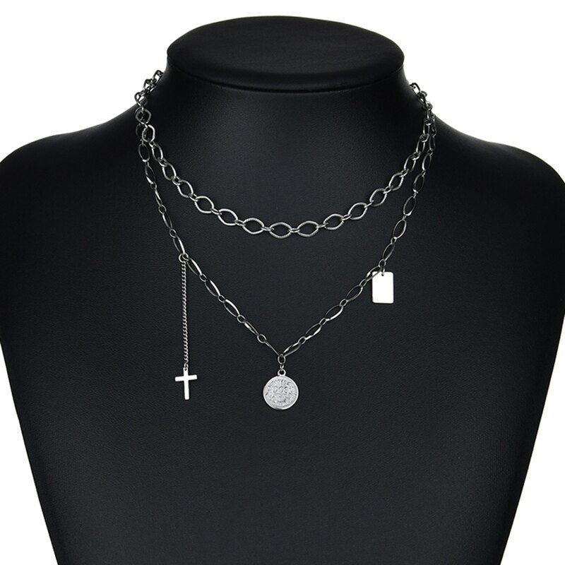 Letdiffery Vintage Multi-layer Queen Coin Choker Golden Stainless Steel Stars Cross Charms Chain Necklace 2021 Jewelry