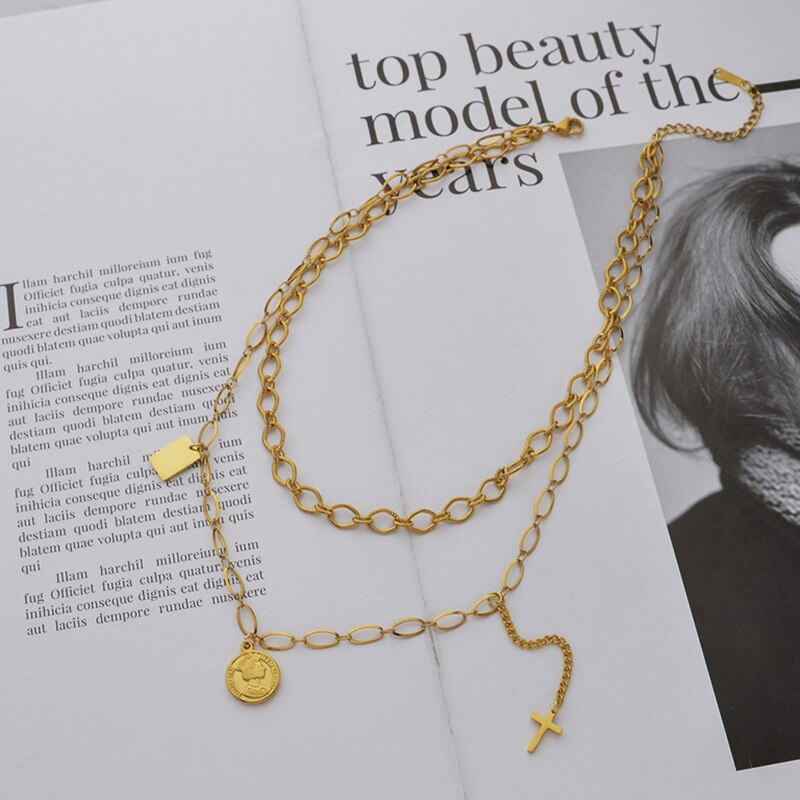 Letdiffery Vintage Multi-layer Queen Coin Choker Golden Stainless Steel Stars Cross Charms Chain Necklace 2021 Jewelry