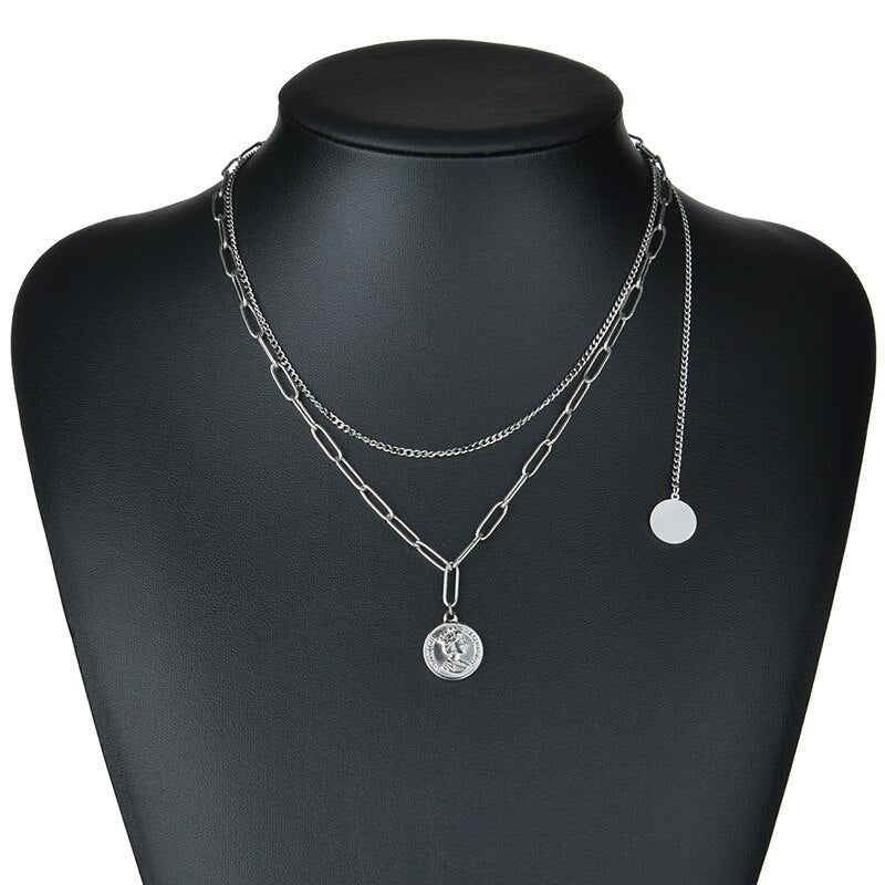 Letdiffery Vintage Multi-layer Queen Coin Choker Golden Stainless Steel Stars Cross Charms Chain Necklace 2021 Jewelry