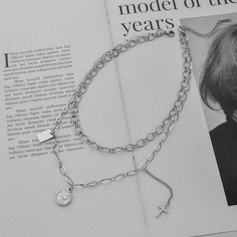 Letdiffery Vintage Multi-layer Queen Coin Choker Golden Stainless Steel Stars Cross Charms Chain Necklace 2021 Jewelry